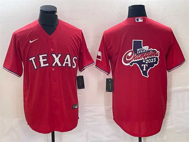 Men%27s Texas Rangers Red 2023 World Series Champions Big Logo With Patch Cool Base Stitched Baseball Jersey->texas rangers->MLB Jersey